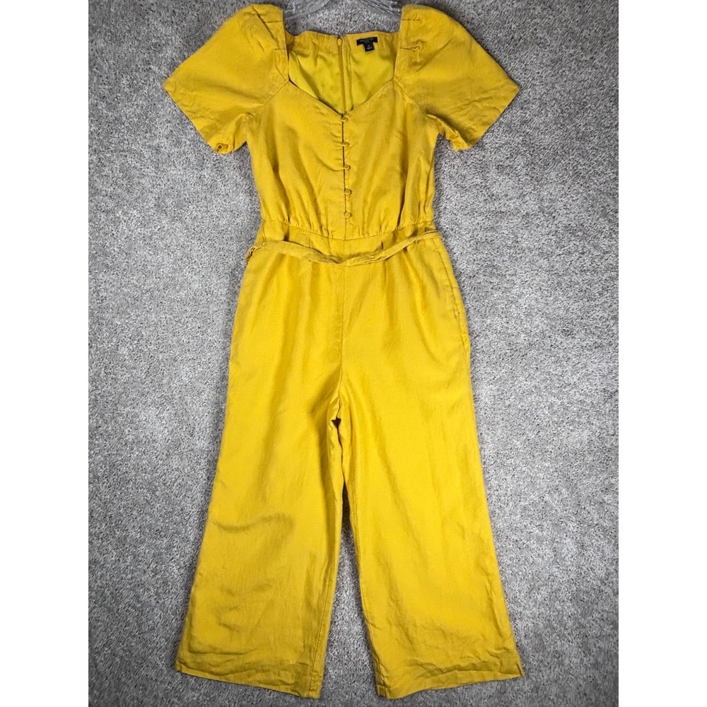 Ann Taylor Petite Yellow Linen Blend Button Front Wide Leg Jumpsuit‎